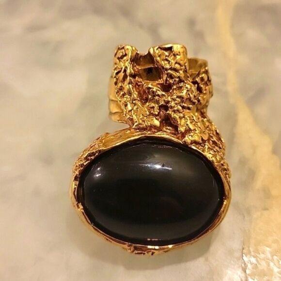 Yves Saint Laurent YSL Size 6 Arty Black RARE Cabochon Vintage 24KT Gold Ring - Picture 5 of 12